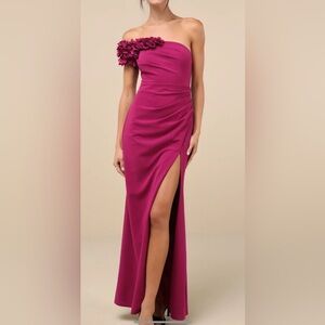 Beyond Elegant Magenta 3D Floral One-Shoulder Maxi Dress